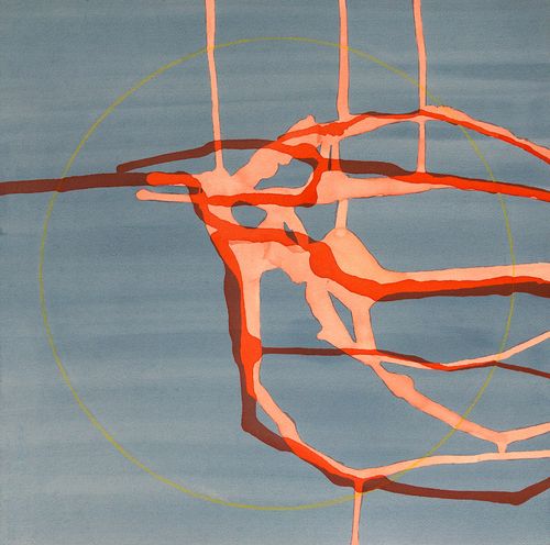 Fluid Pathways | watercolor and colored pencil, 21" x 21"