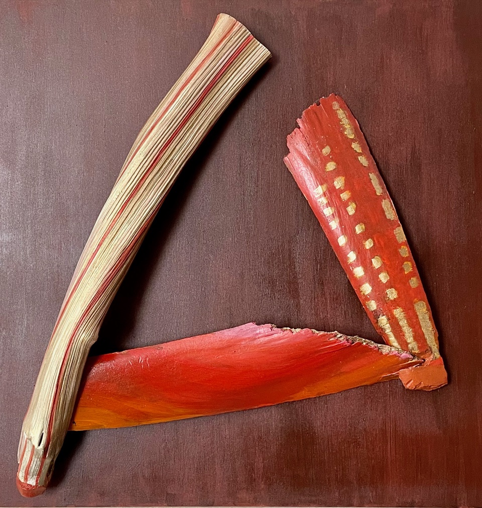 Communications Breakdown | 2022, palm bark, acrylic paint on wooden board, 20 × 20 inches