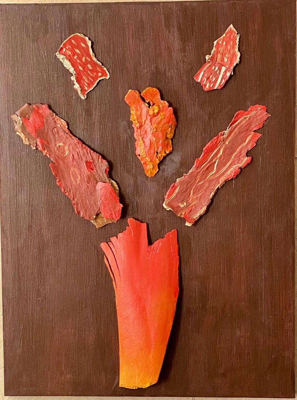 Good Ideas Enter the World | 2022, palm bark, acrylic paint, wood board, 24 × 18 inches