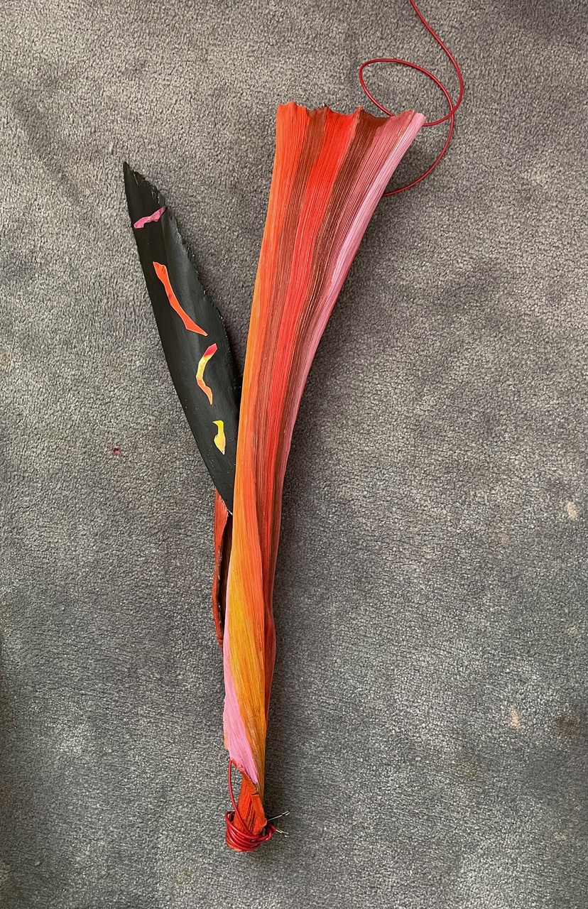 Horn of Plenty | 2022, Acrylic on palm bark, 27 × 9 × 3 1/2 inches