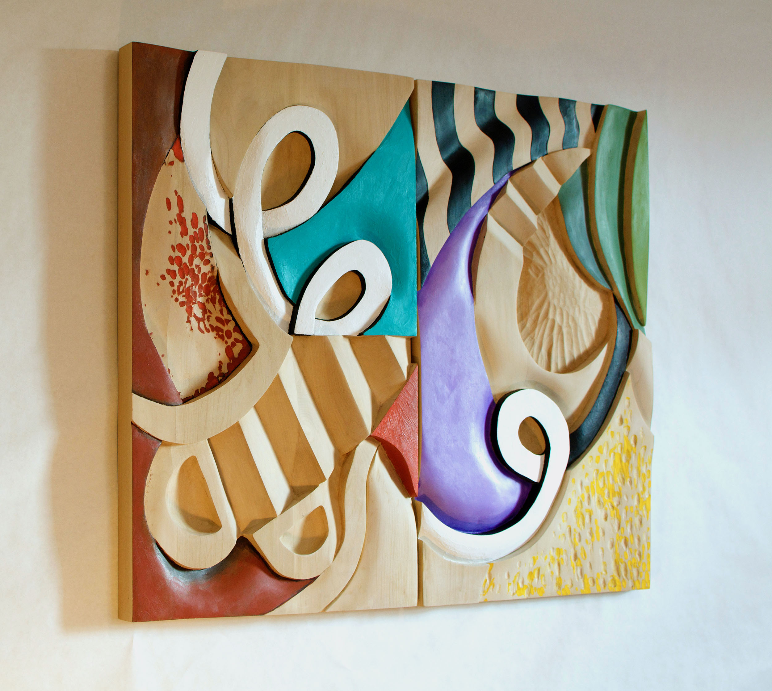 "All On A Saturday Night" 2017, Wall Sculpture, American Linden, Acrylic Paint, 30 x 36 x 2 inches