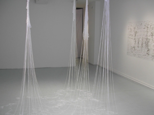 Thread :: Language, 2002, photocopies on bond paper, cotton yarn, hand-knotted netting, map pins
