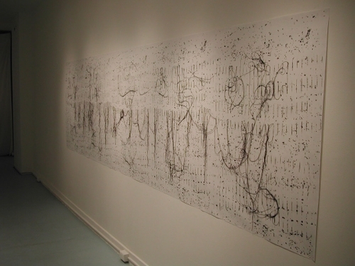Thread :: Language, 2002, photocopies on bond paper, cotton yarn, hand-knotted netting, map pins
