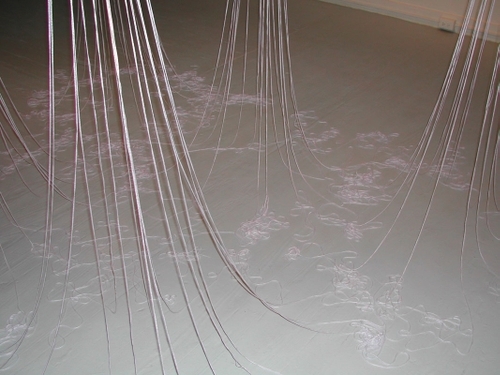 Thread :: Language, 2002, photocopies on bond paper, cotton yarn, hand-knotted netting, map pins