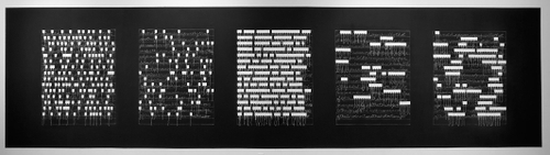 Marking Language, 2007, marking tags, map pins, chalk, chalkboard paint, installation, 7 x 25 feet (approx.) Photo Credit: Karen Mauch Photography