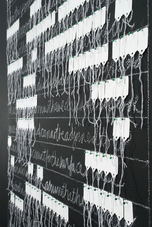 Marking Language, 2007, marking tags, map pins, chalk, chalkboard paint, installation, 7 x 25 feet (approx.) Photo Credit: Karen Mauch Photography