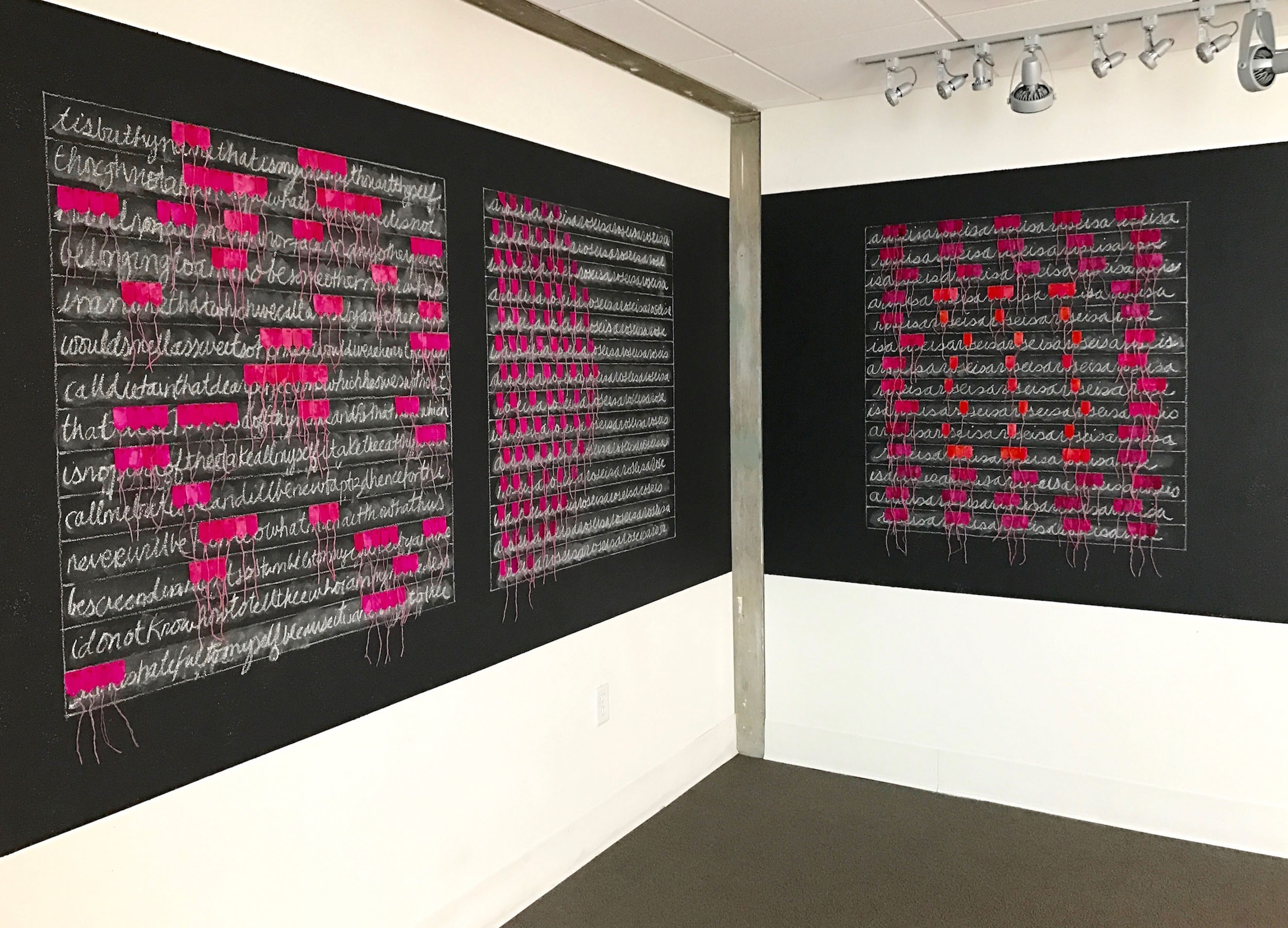 Rose(is), 2017, marking tags, map pins, chalk, chalkboard paint, installation view
