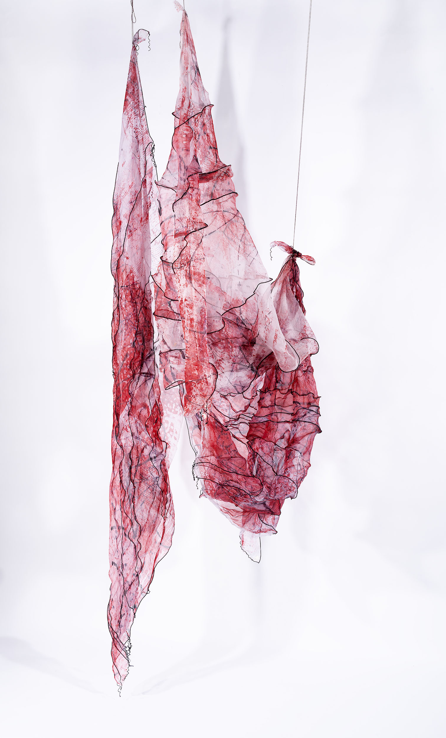 "Longing" 2026, hanging installation hand screened silk organza, serged wooly nylon, copper tube hanging system, Dimensions Variable