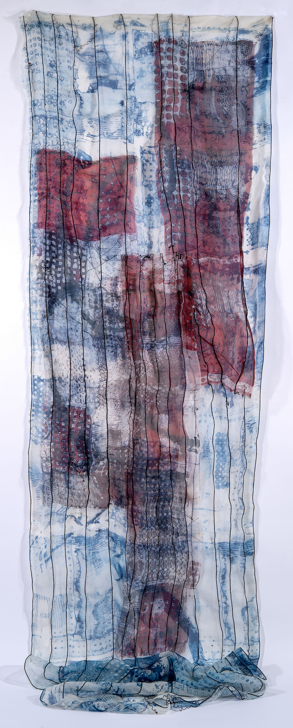 "All Fall Down" 2026, Deconstructed Breakdown printing MX dye on silk organza. Serged wooly nylon, hand stitching, 35 x 8 x Variable Height