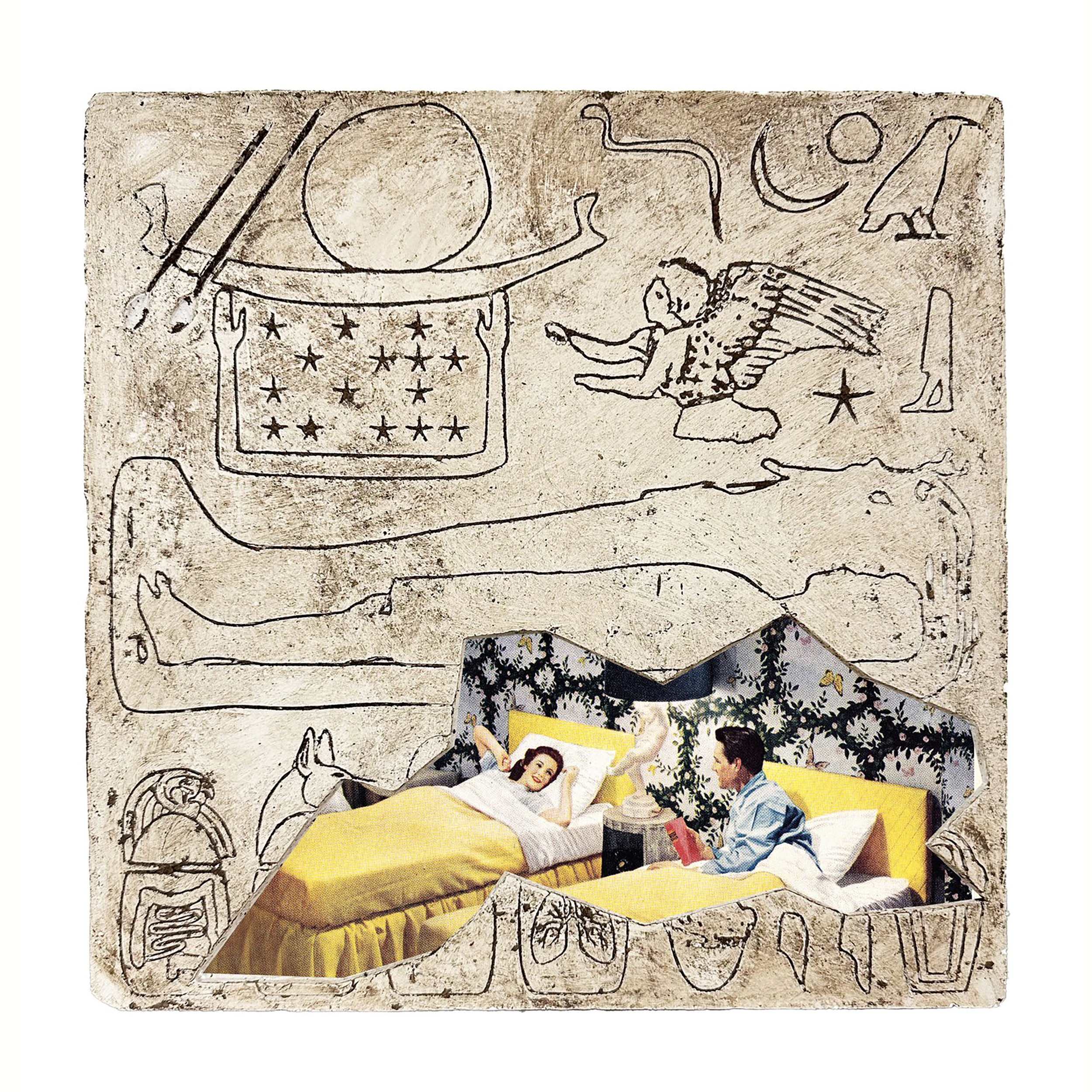 "Sleep" engraved clay tablet with collaged imagery, 12 x 12 inches