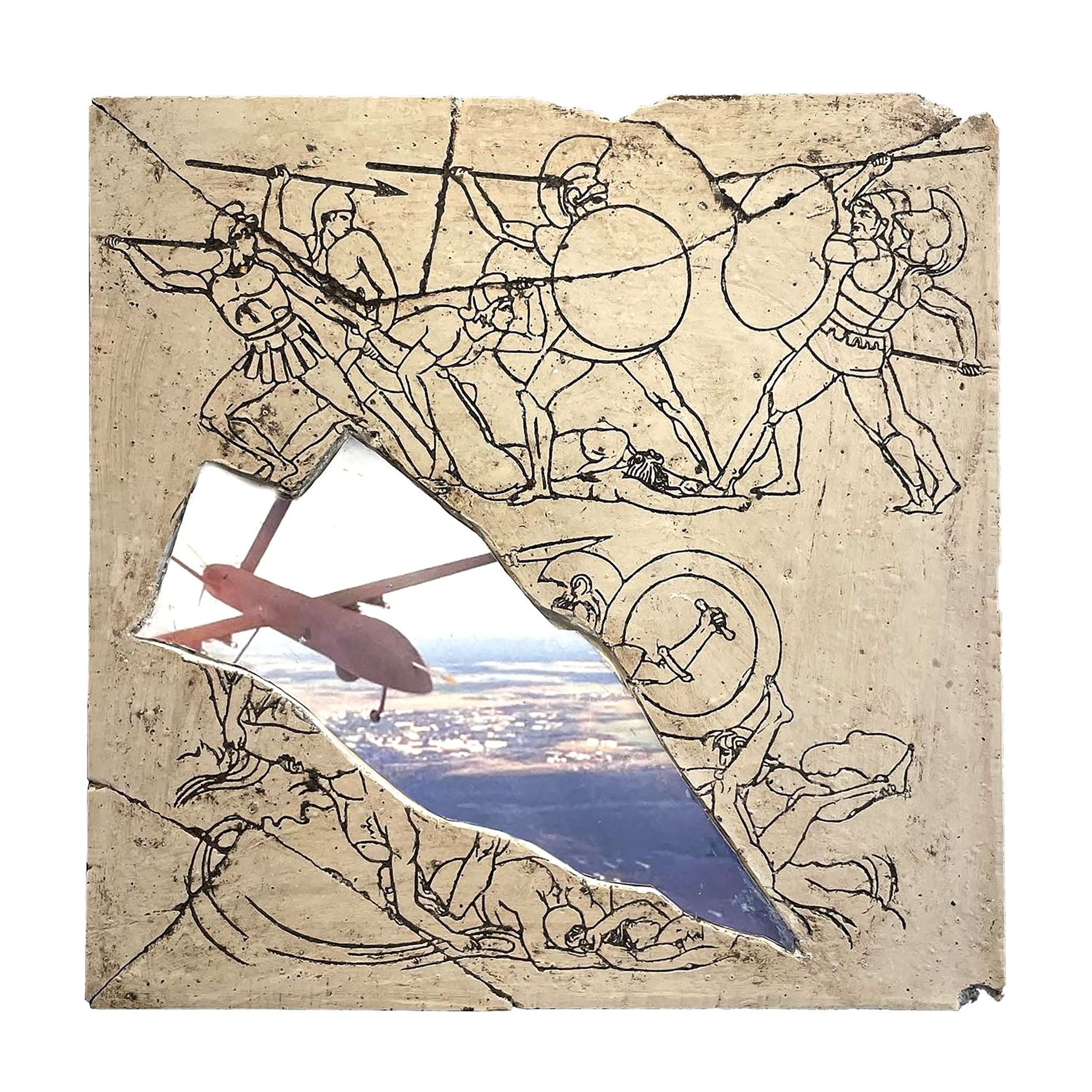 "War" engraved clay tablet with collaged imagery, 12 x 12 inches