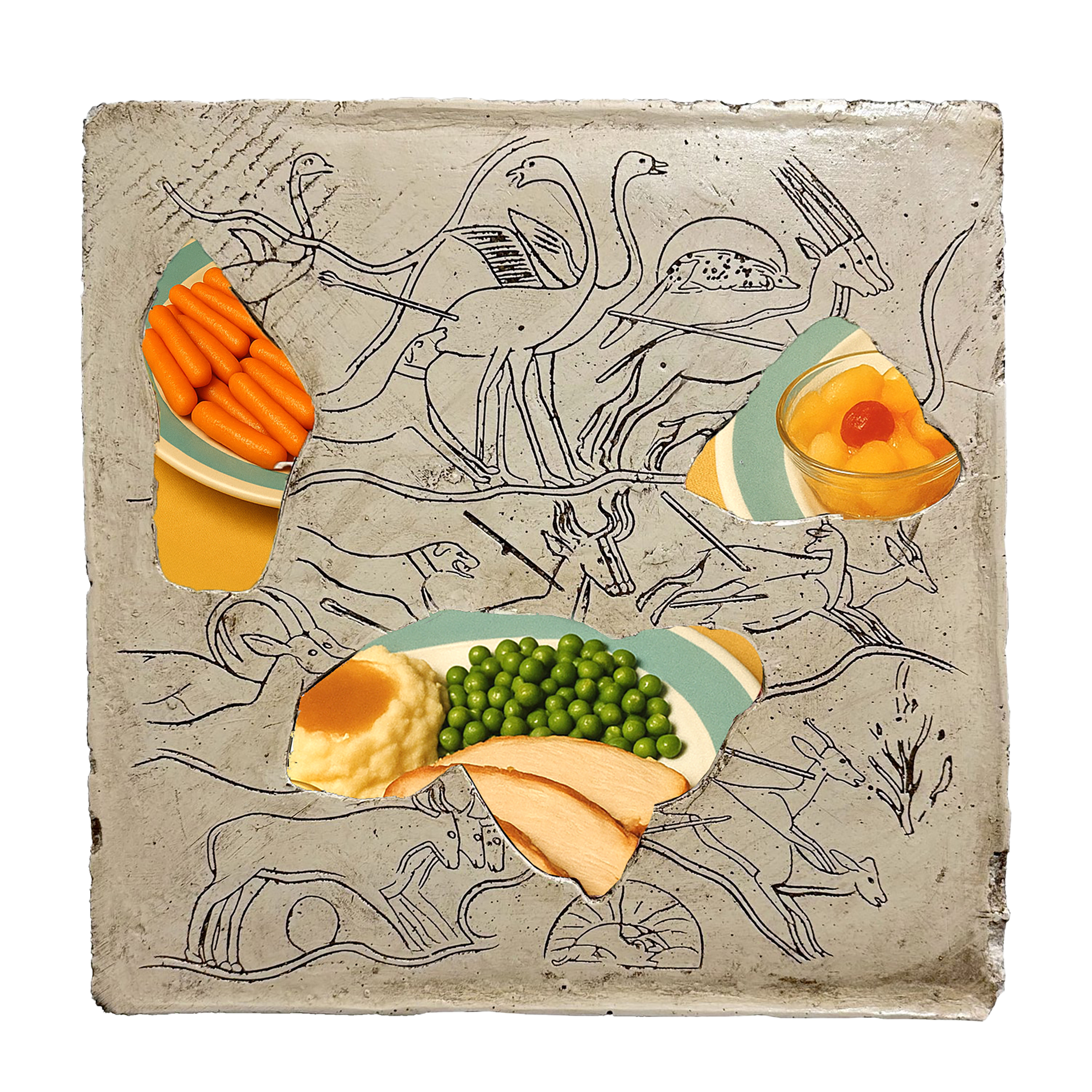 "Food" engraved clay tablet with collaged imagery 12 x 12 inches