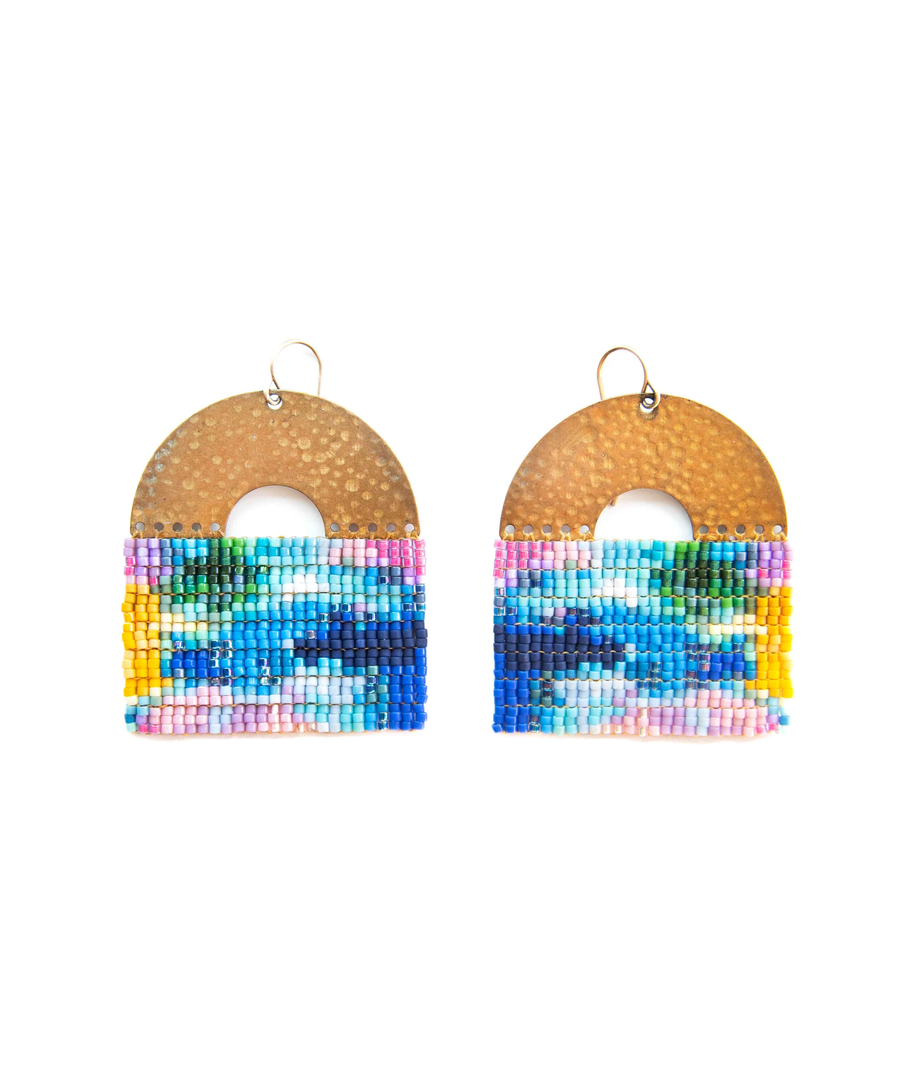 Springtime Abstract Earrings | 2025, Japanese glass beads, brass, gold-filled hooks, 1 ½ inches wide by 2 inches long