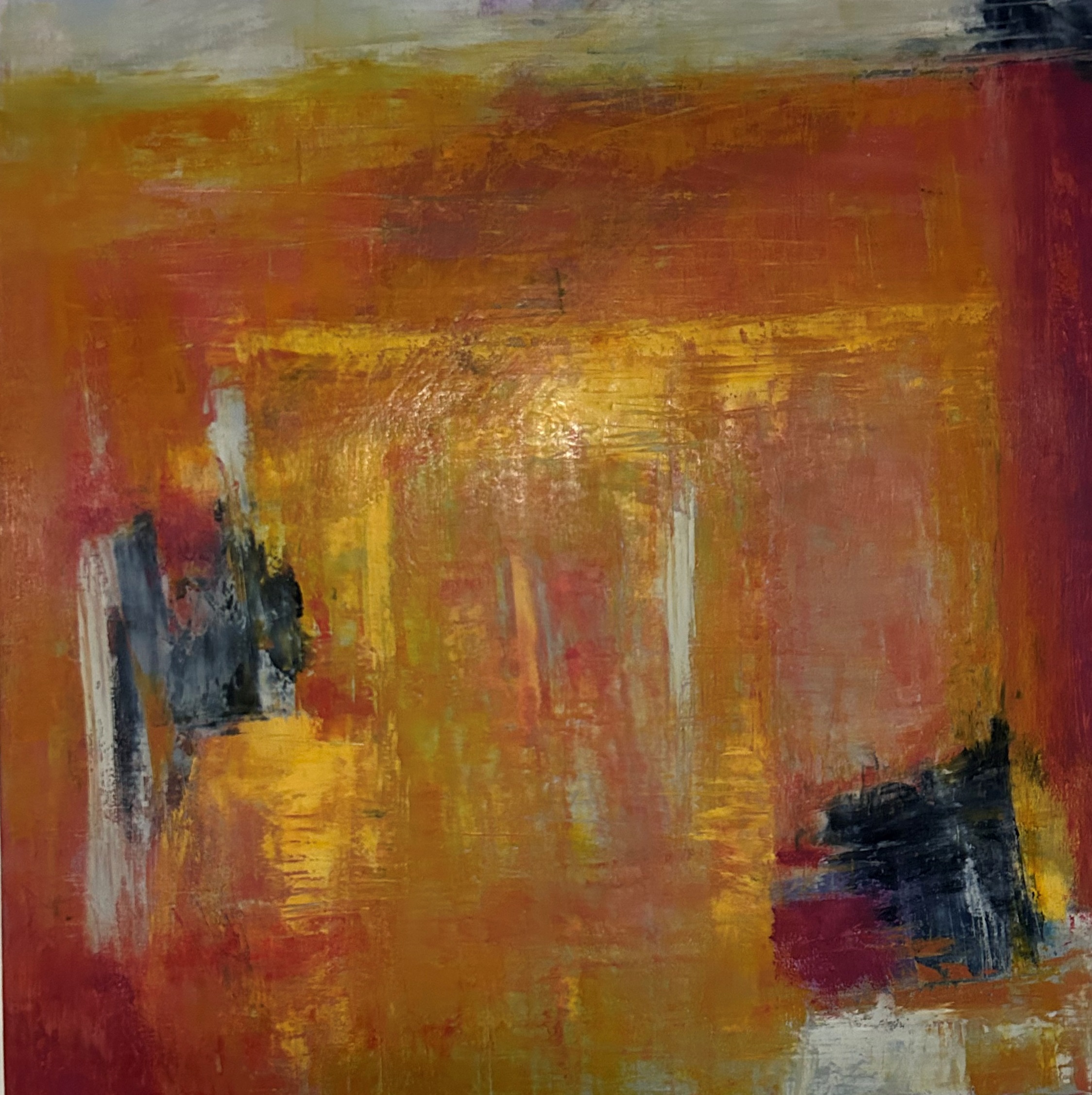 “Hot Pond” 2023, oil and cold wax on wood, 20” x 20”