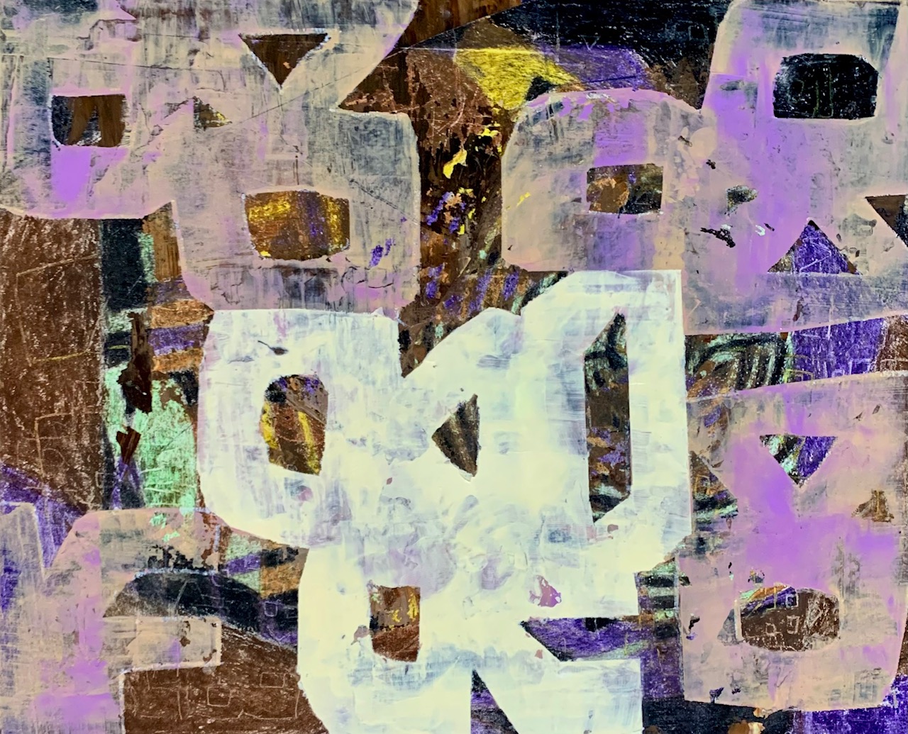 “Labyrinth” 2026, Acrylic, oil pastel on panel, 16” x 20” 