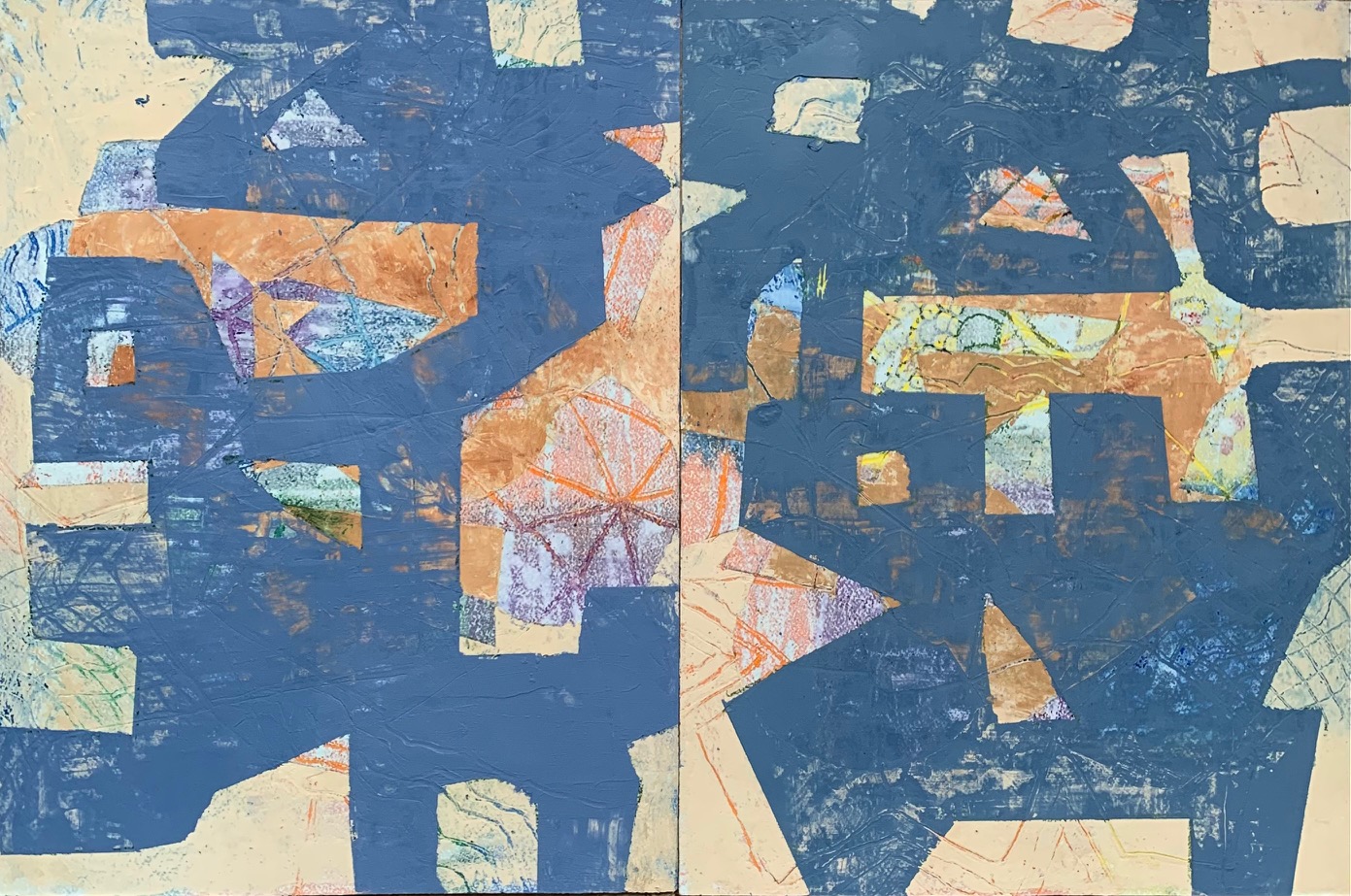  “Blue” 2026, Crayon, tempera, acrylic on Arches paper, 15” x 24” 