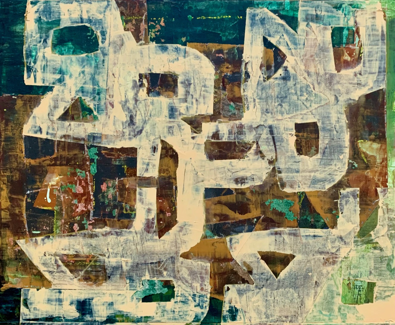 “Prevailing Wind” 2025, Acrylic, oil pastel on panel, 16” x 20” 