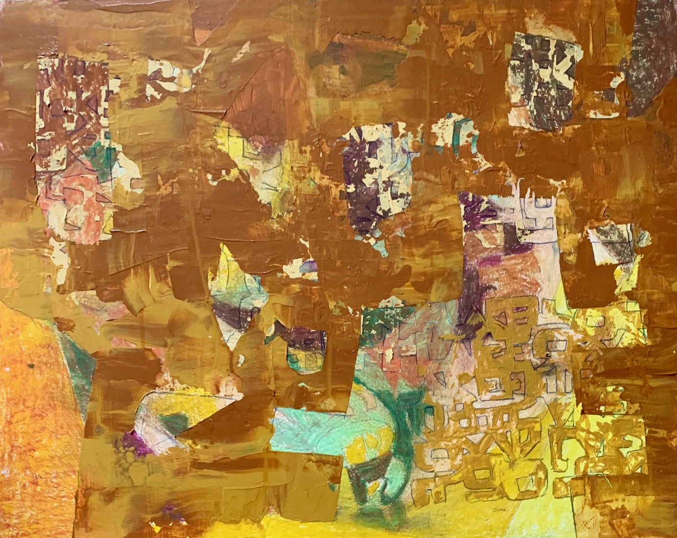 “Sandcastle” 2024, Acrylic, oil pastel on panel, 16” x 20” 