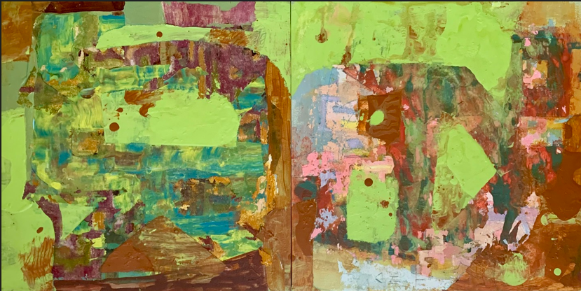 “Neon” 2024, Acrylic, oil pastel on wood panel, 12” x 24” 