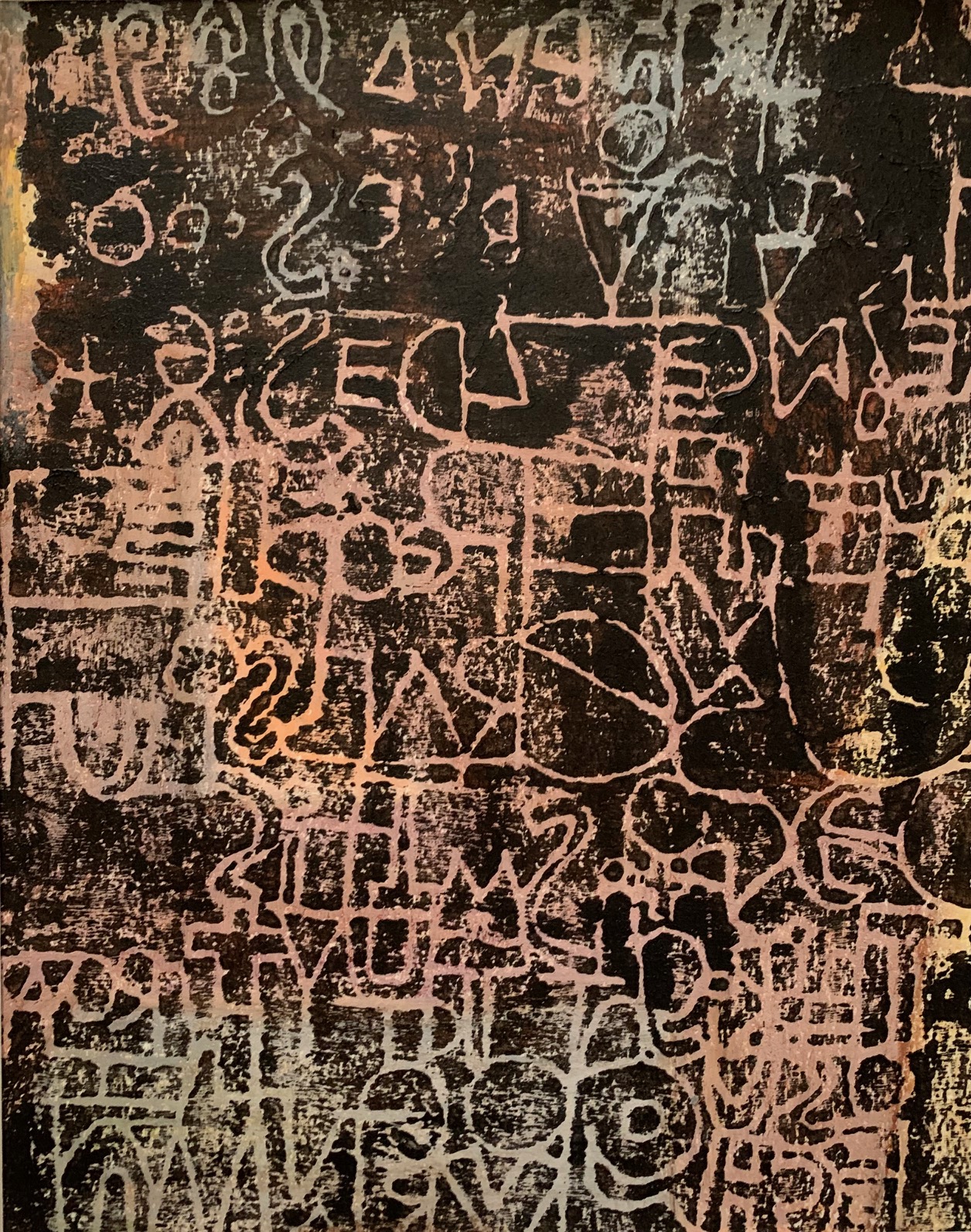 “Broken Oath Series #4” 2025, Acrylic monoprint on Rives BFK, 10” x 8” 