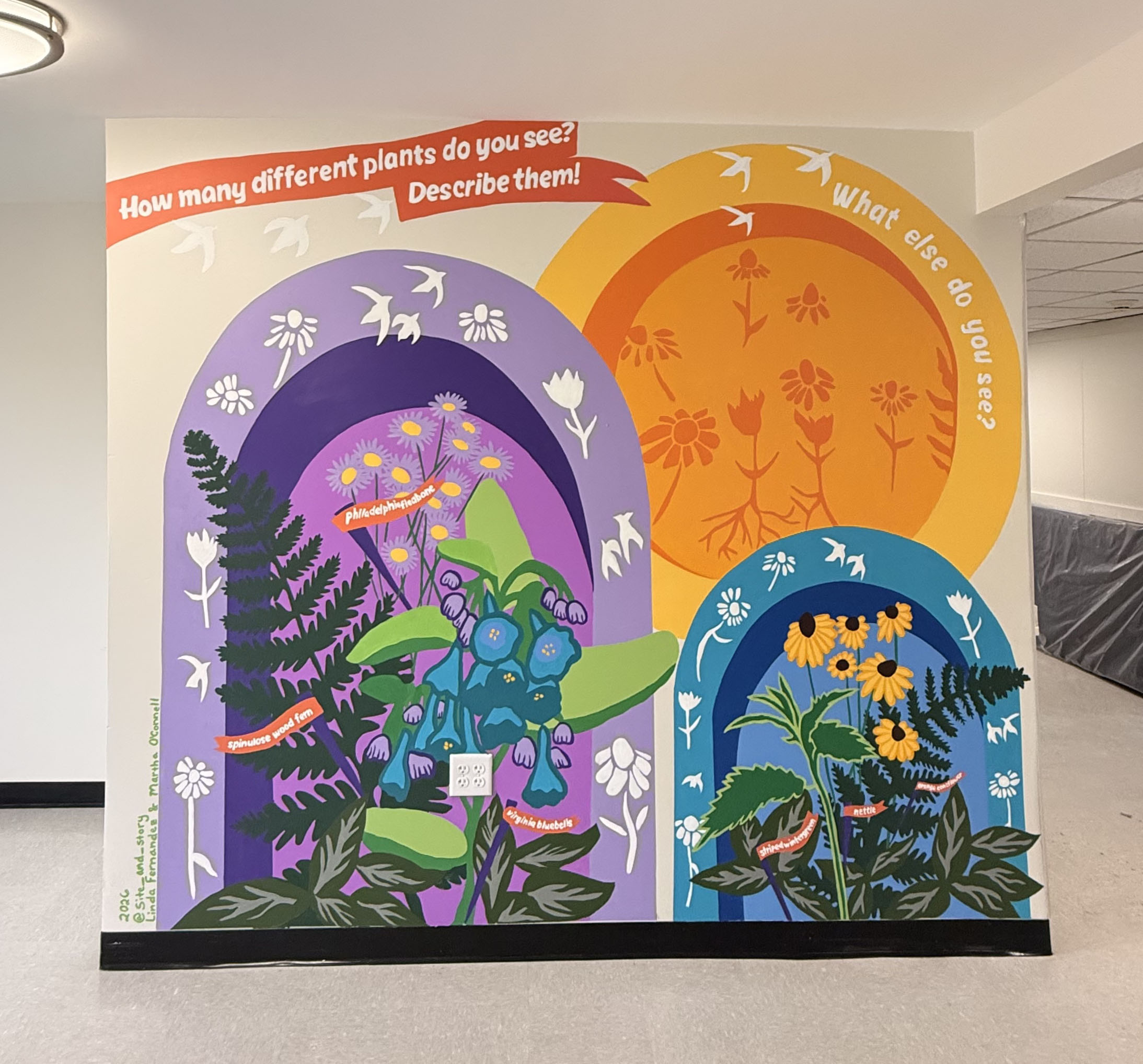 "Portals and Native Plants" 2026, Acrylic mural, 8' x 11' Martha O'Connell collaborator. Painted in a renovated housing shelter in North Philadelphia, the design incorporates playful education elements showcasing native plants found in Philadelphia.