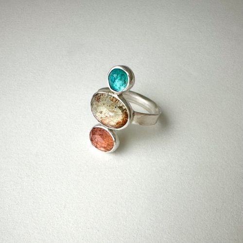 Juicy Gem Ring 2, 2026 | Fabricated sterling silver with moss aquamarine, salmon topaz, blue kyanite; ring size 8