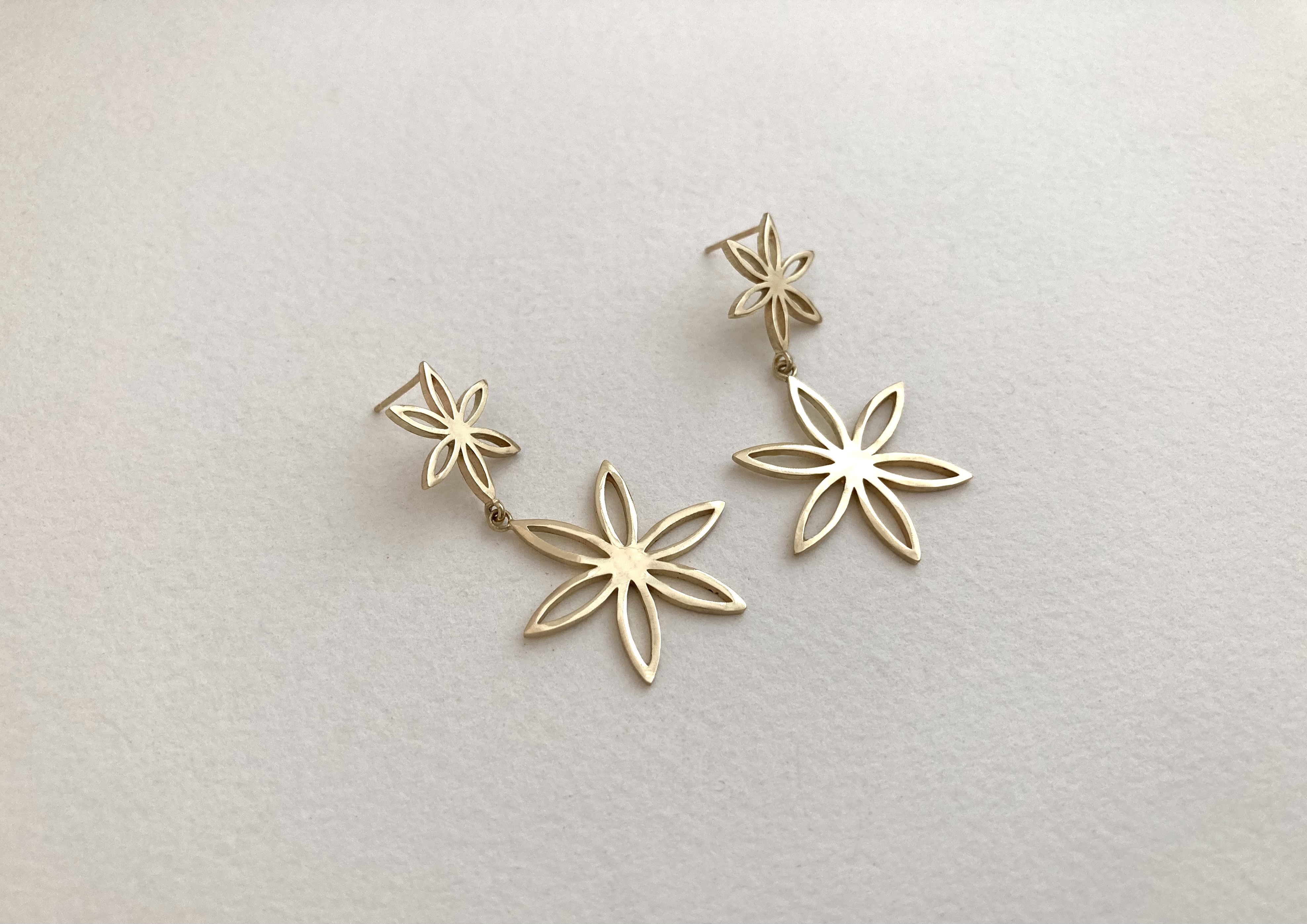 Gold Fleur Drop Earrings, 2023 | Cast and fabricated 14k yellow gold; 1 ¾ inches long x ⅞  inches