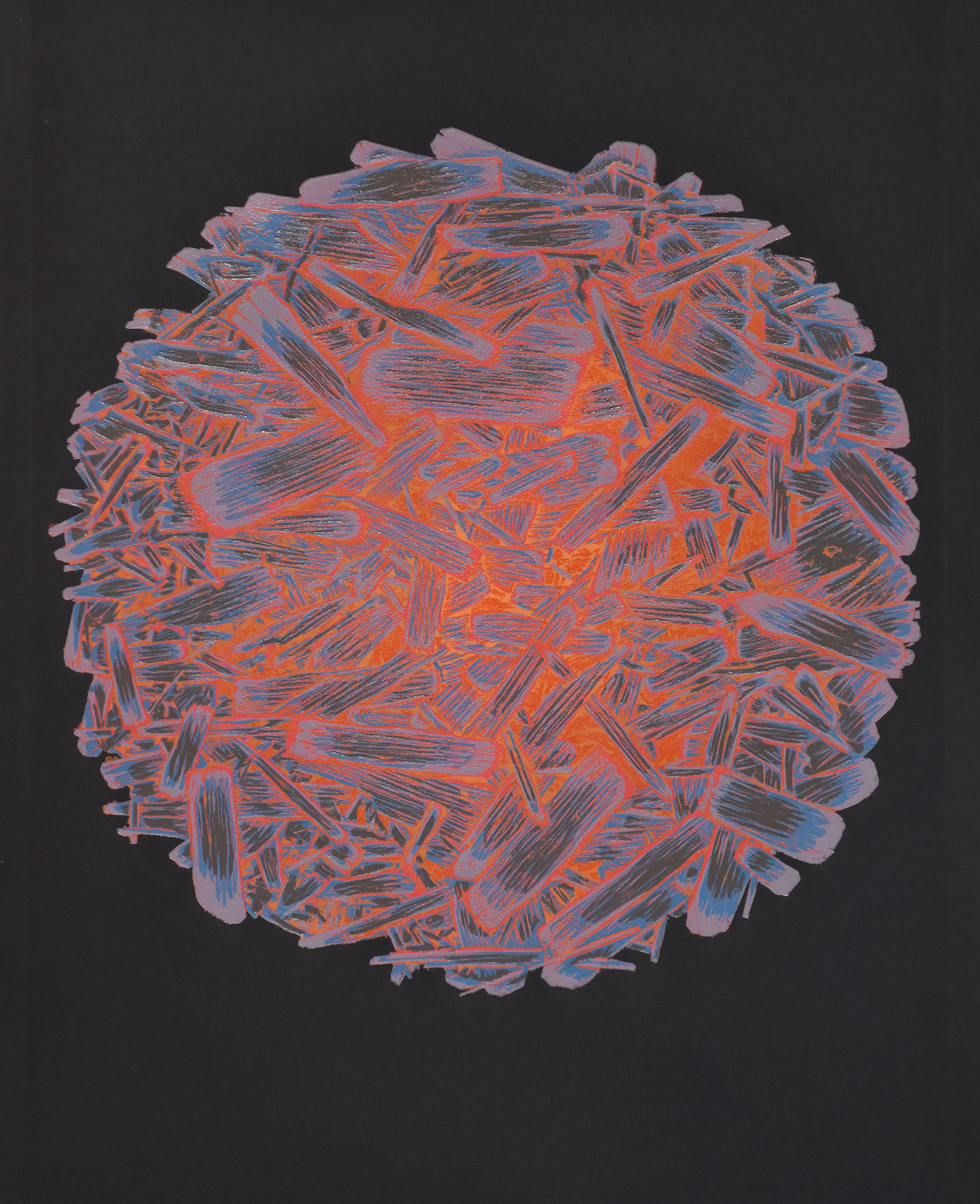 Ball of Fire, 2024, Woodcut Print on paper, 25” H X 21” W