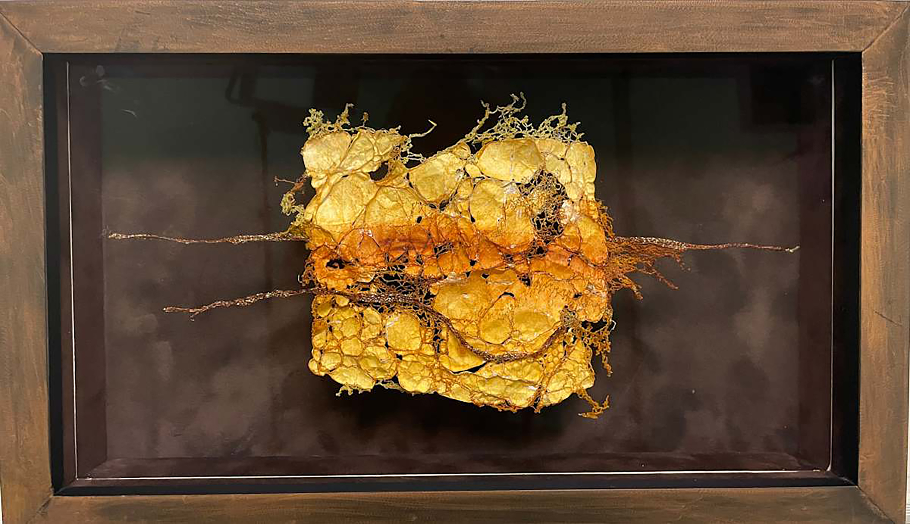 For Sydney, the Sunshine Amidst Darkness | 2025 Fiber, Mixed media, Rayon and Silk embroidery threads, Tyvek, Suede matting, 9 x 16 x 2.5 inches