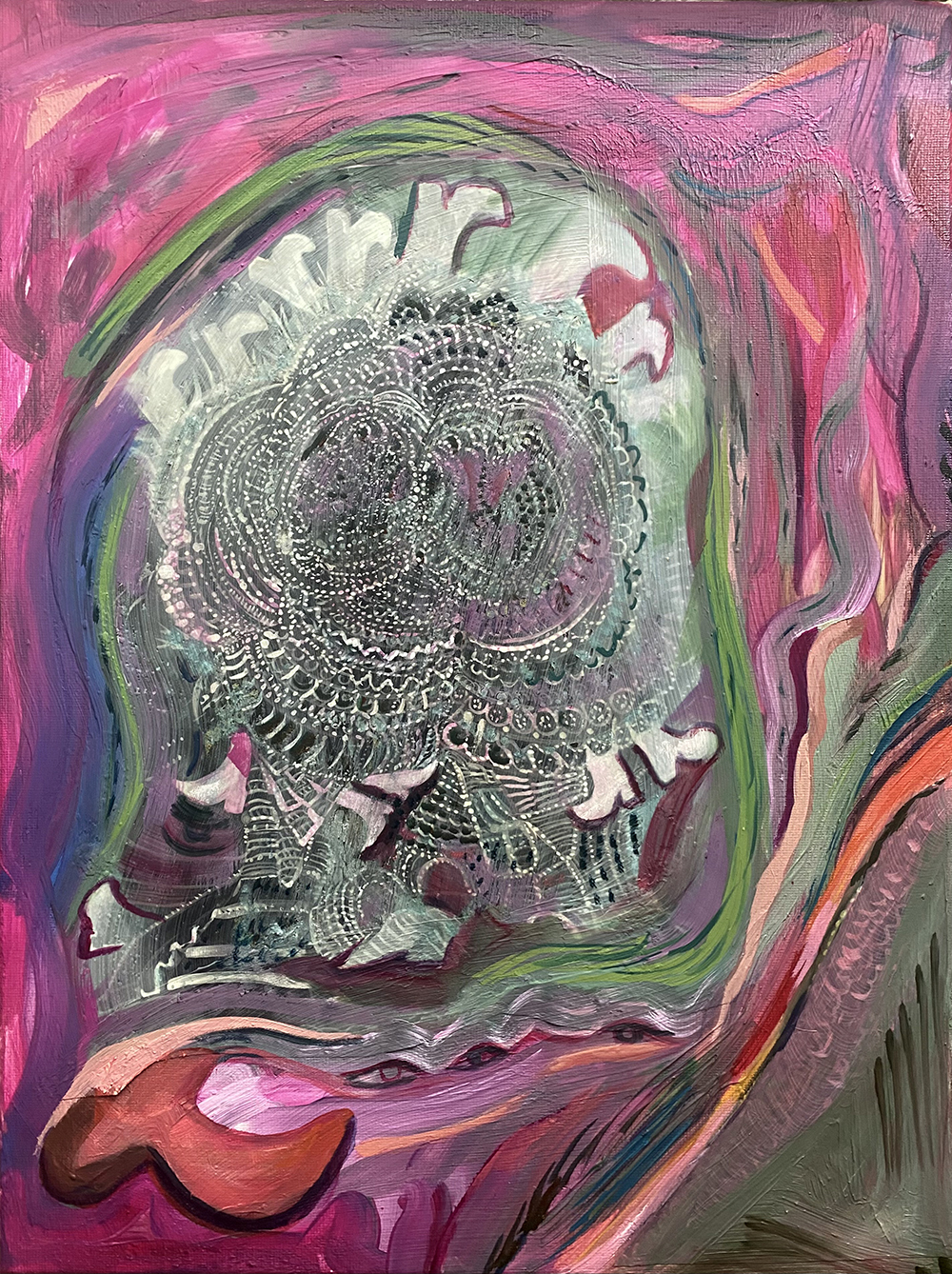 "Causalness Casualness" 2026, Oil, ink, paper, gouache, 16" x 12”