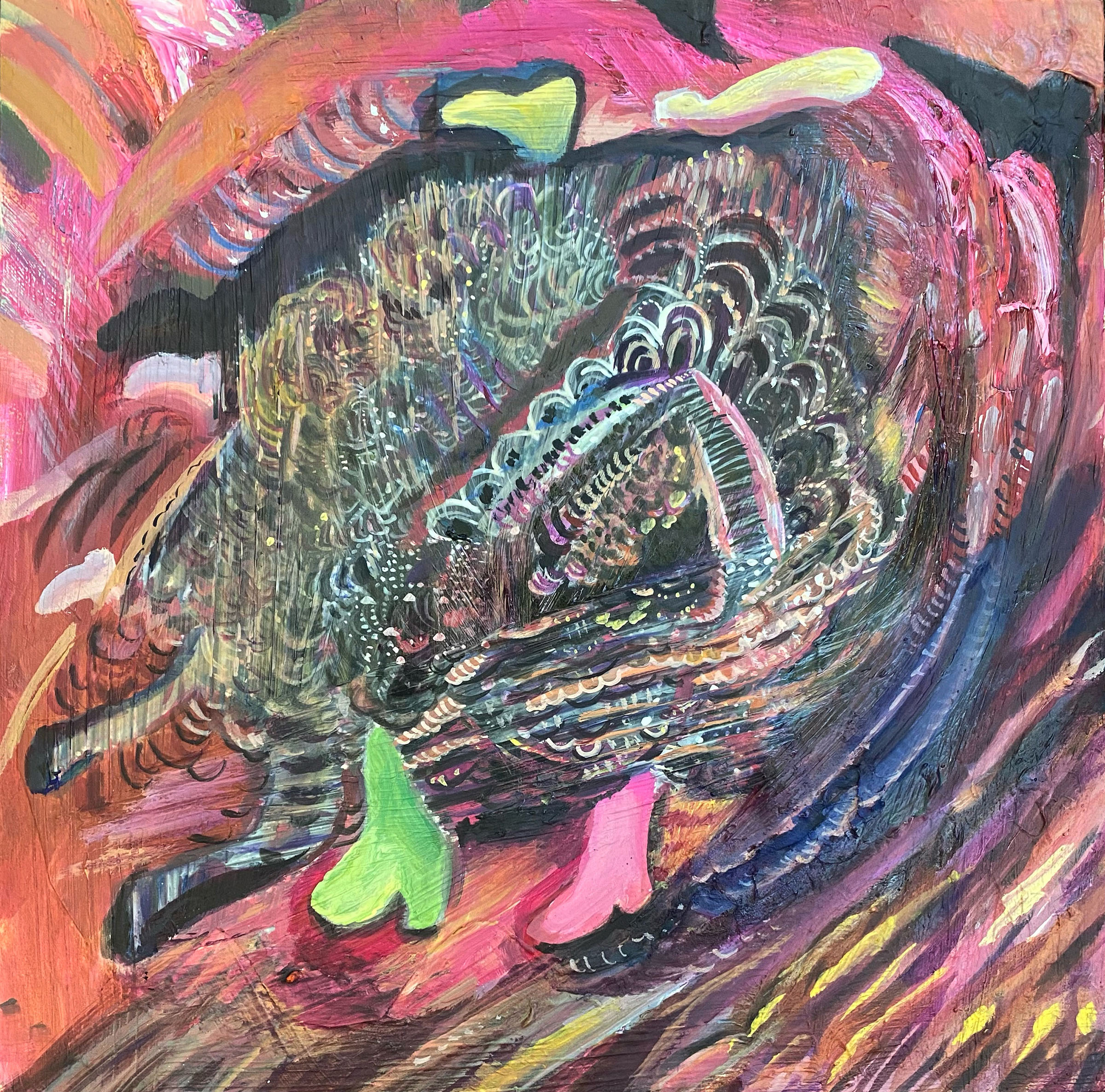 "There Outta Here" 2023 Oil, paper, ink on wood, 12” x 12”