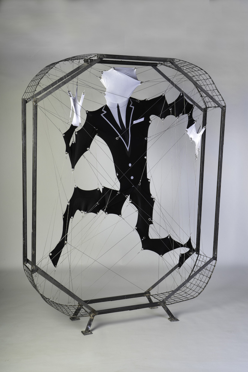 Your Best Table for Two, sculpture, 2020, Spandex body suit, steel cables, mild steel, 5' x 6'7" x 1'5"