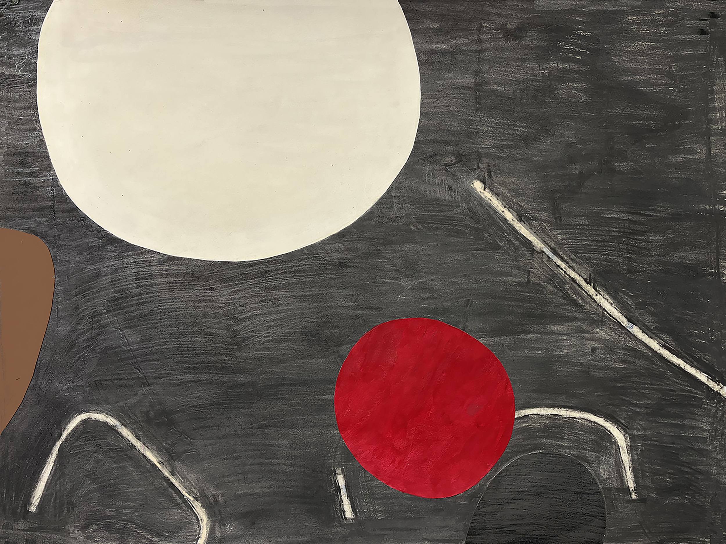 "Hybrid 2 Graphite Red" 2026, mixed media, acrylic and collage on paper, 22" x 30"