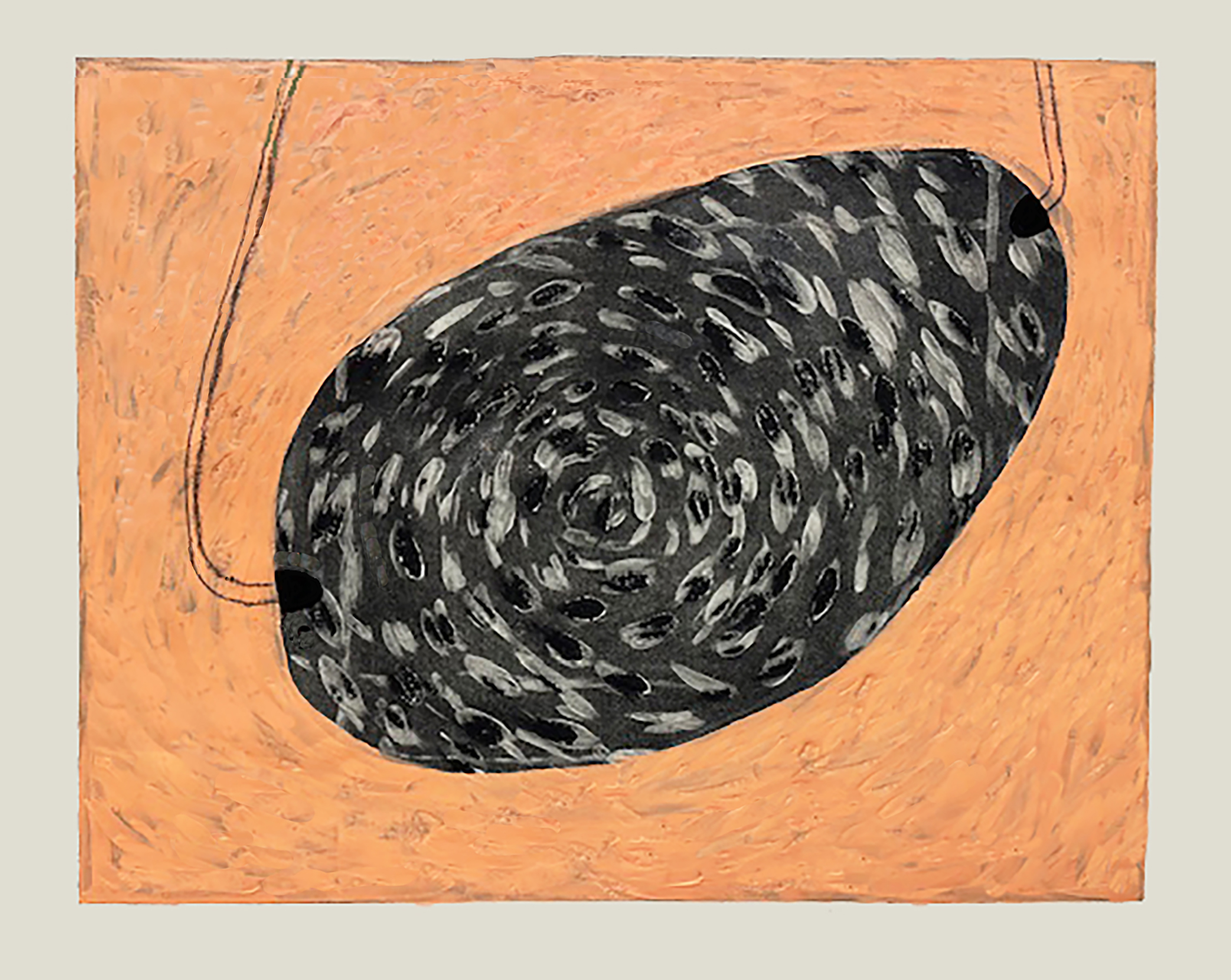 "Hybrid 52 Oval" 2026, mixed media, acrylic over print on paper, 22" x 30"