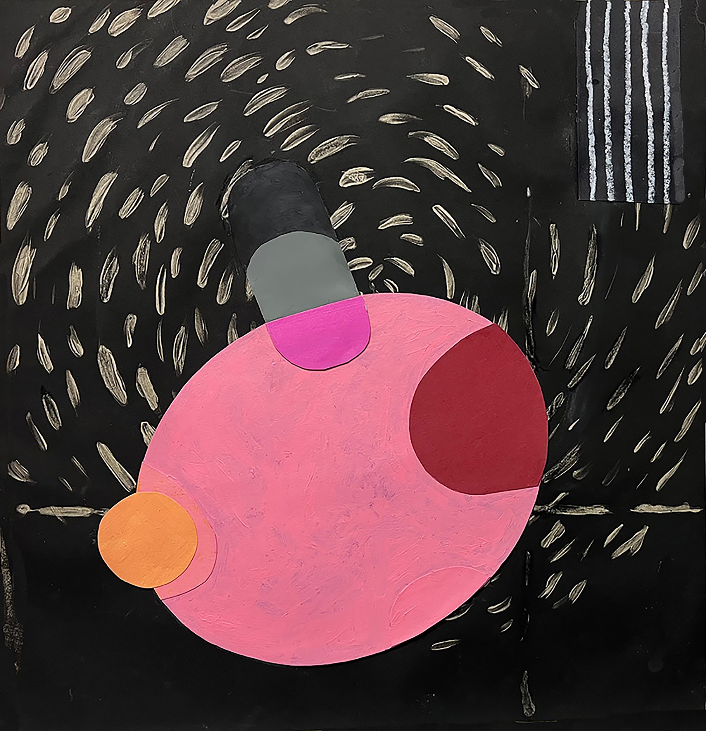 "Hybrid 53 Pink Orb" 2026, mixed media, acrylic and collage on paper, 15" x 15"