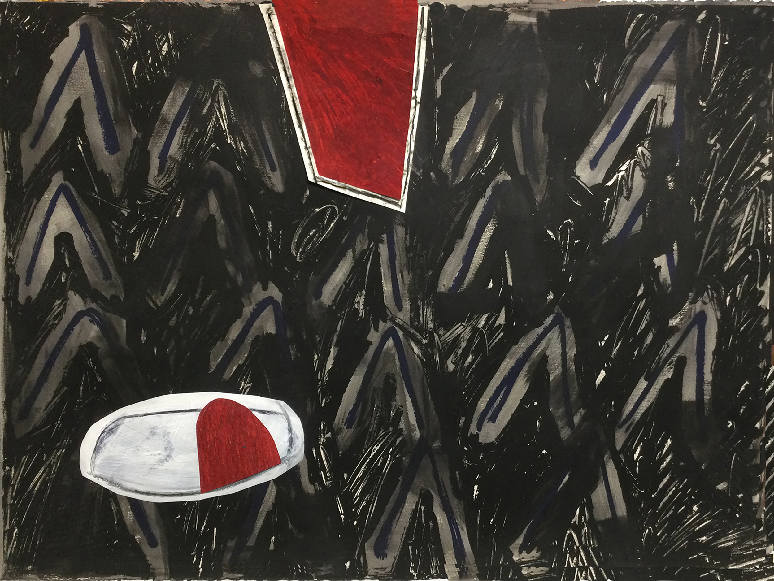 "Hybrid 3 White Bowl" 2026, mixed media, acrylic and collage on paper, 22" x 30"