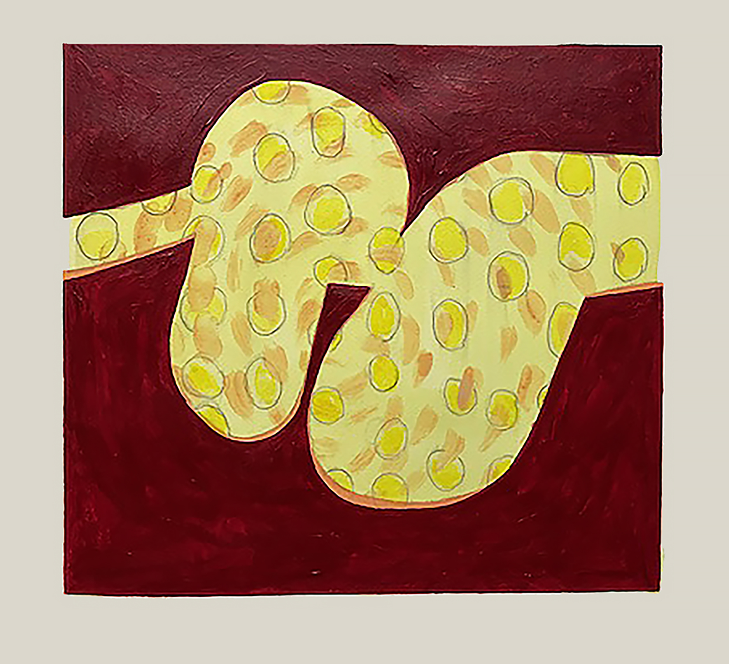 "Hybrid 51 Yellow in Red" 2026, mixed media, acrylic over print on paper, 20" x 20"