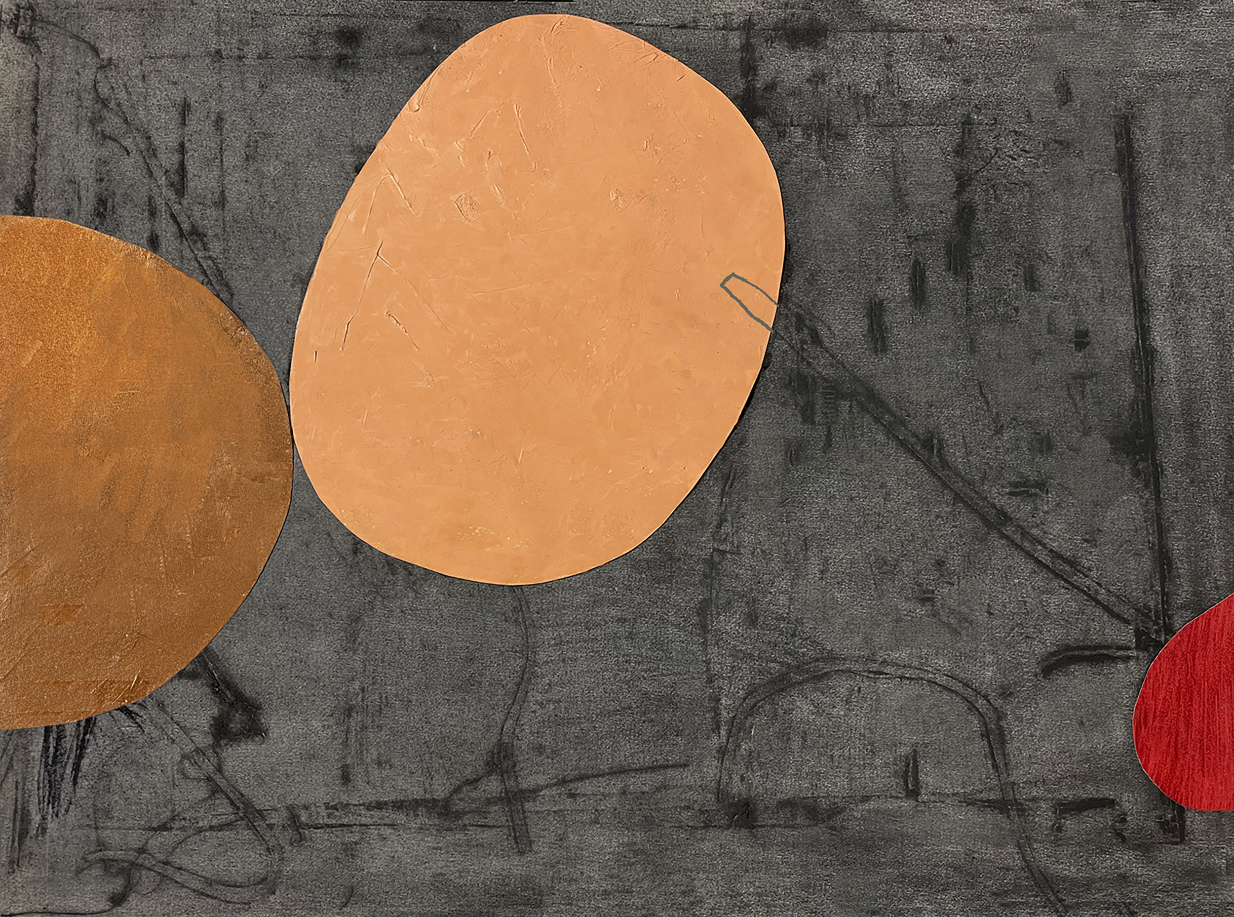 "Hybrid 13 GRAPHITE orange" 2026, mixed media, acrylic on print on paper, 18" x 24"