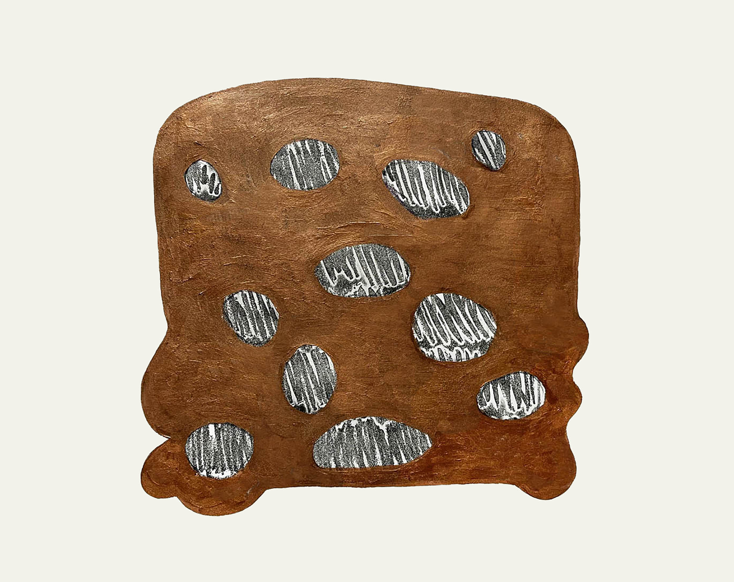 "Hybrid 58 BRONZE holes" 2026, mixed media, acrylic on print on paper, 18" x 24"