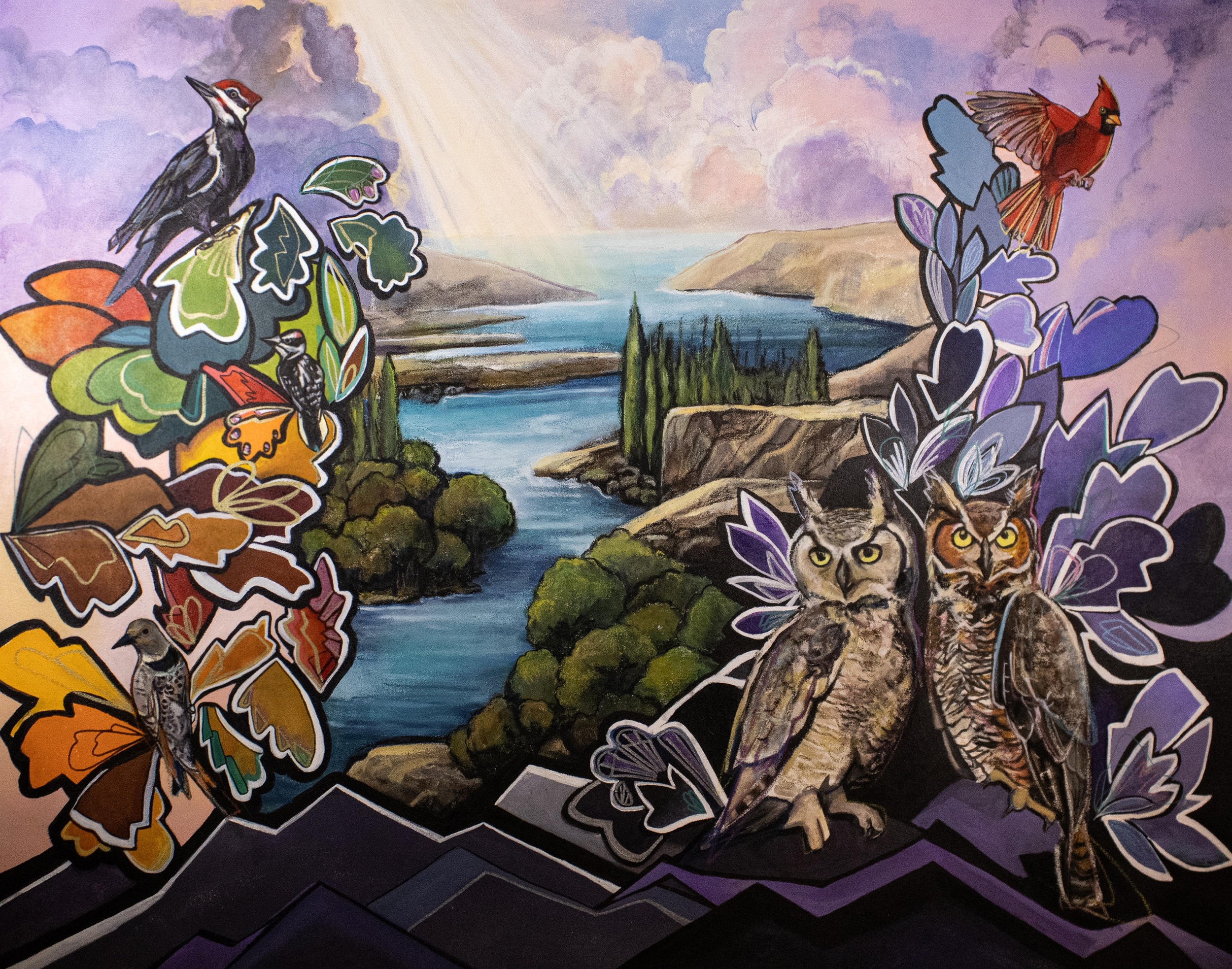 The Trials of Two Horns, 2025, painting, acrylic and oil pastel on canvas, 44 x 56 in