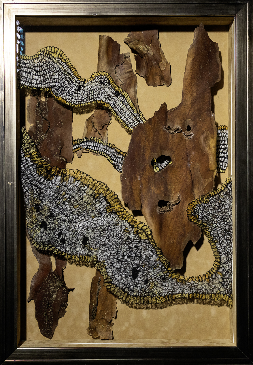Can’t See the Forest For the Trees, 2026, Fiber sculpture, mixed media: sycamore bark, rayon embroidery thread sculptures, and dryer lint, 39 x 27 inches