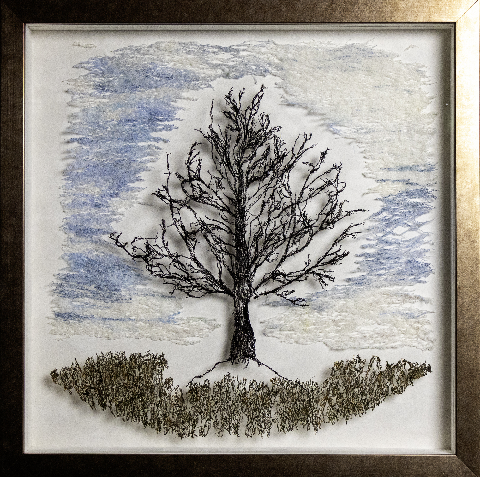 Branch Management, 2026, fiber sculpture, rayon and silk embroidery thread, 25 x 25 inches