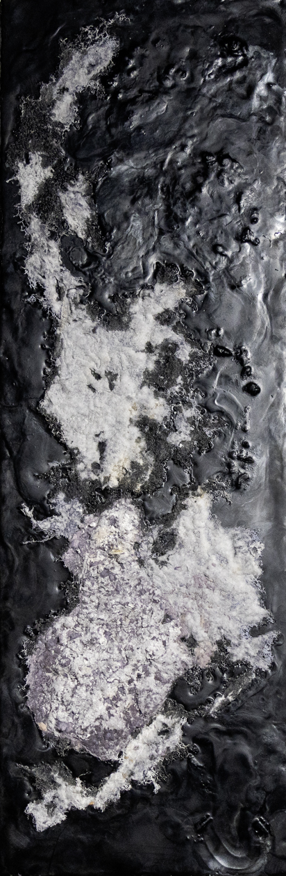 Comic Lint, 2025, Fiber and encaustic wax sculpture, mixed media: beeswax mixed with damar resin, dryer lint, thread, wood chips, and sawdust, 36 x 12 inches