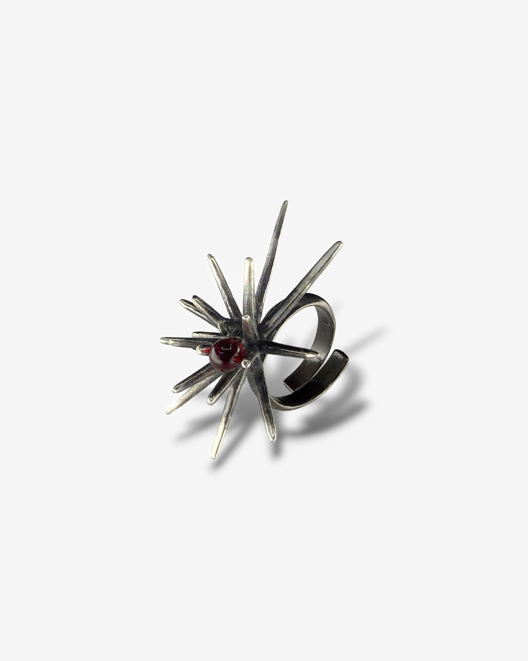 Beam After-Light Ring, 2026, Sterling Silver and Czech Glass, 1.38” × 1.77” × 1.57”