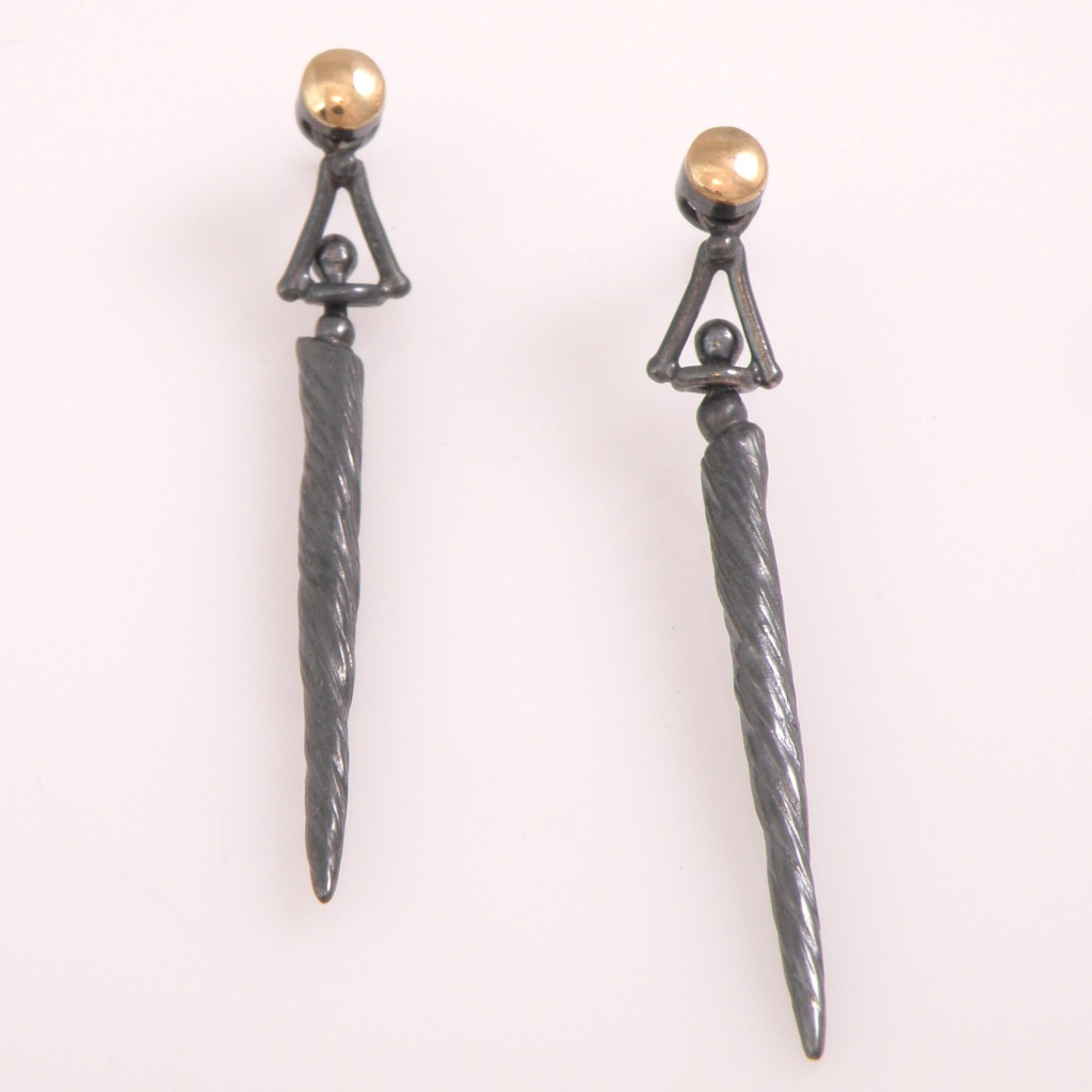 Narwhal Tusk Earrings, Oxidized sterling silver “Narwhal Tusk” earring with 14k gold details.