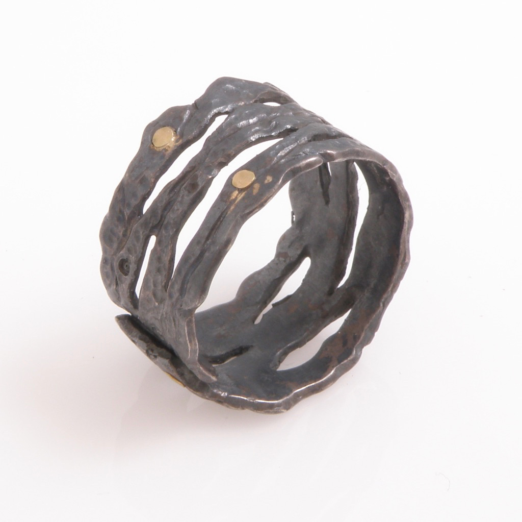 Sterling Silver Ring, Oxidized sterling silver ring with 14k gold details