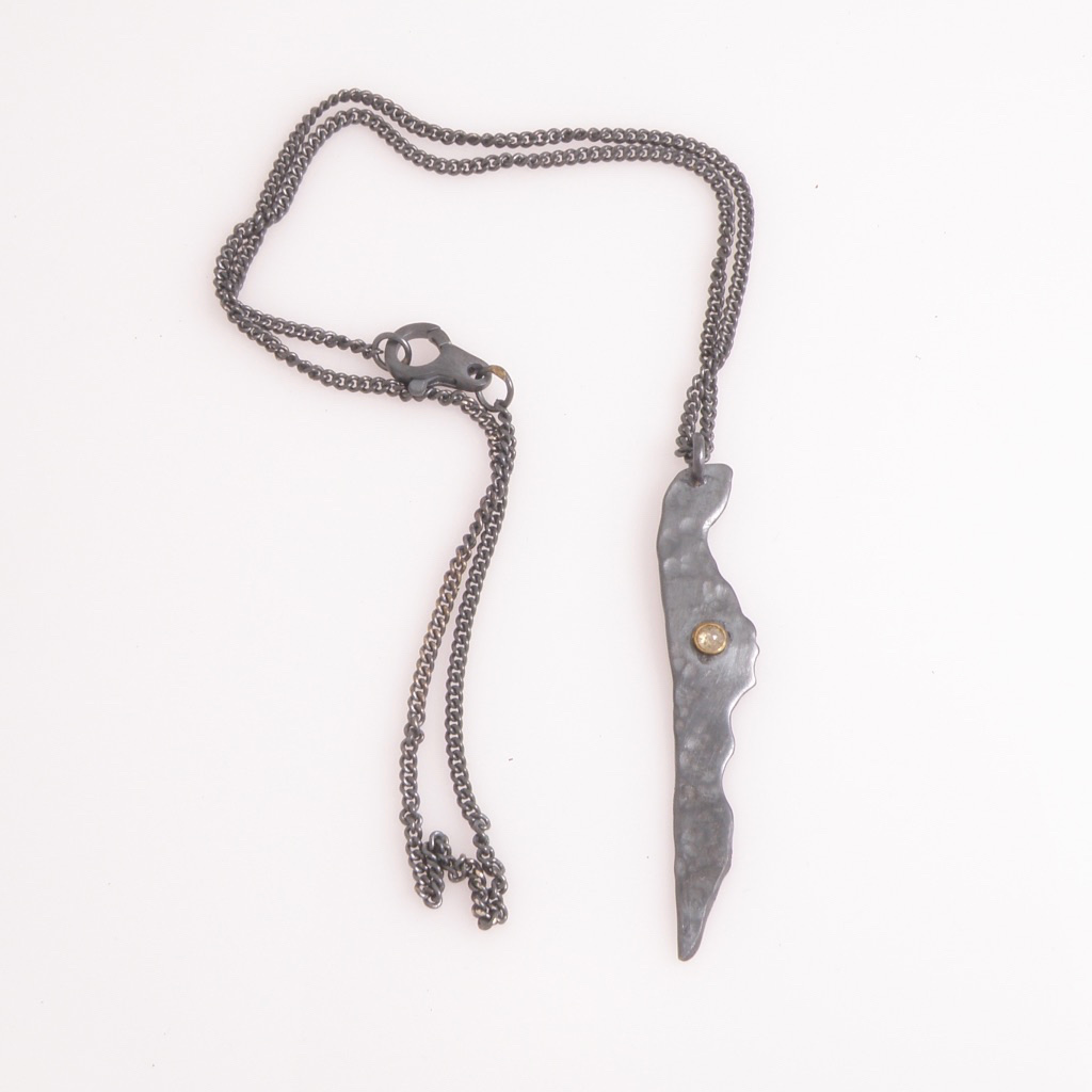 Silver Necklace, Oxidized sterling silver necklace with .05ct rose cut rough diamond set in 14k gold.