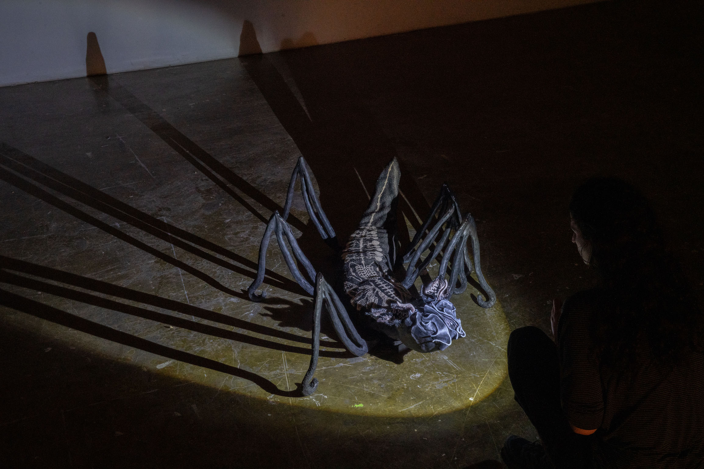 750 Feet Down/Inverte/bat, 2025, Ceramic, wool, cotton, TC2 weaving, wood, wire, breathing mechanism, speakers, 17” x 40” x 34” Participants were asked to enter a pitch black room one at a time with only a flashlight.