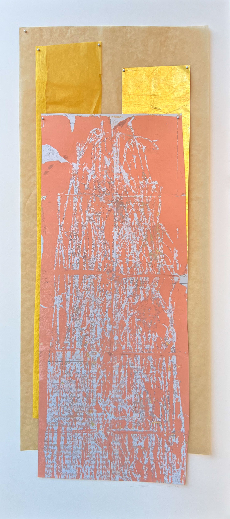 "Untitled No.7598" 2026, Mixed Media including Gilding and Acrylic on Drafting Film, 36 x 16 inches