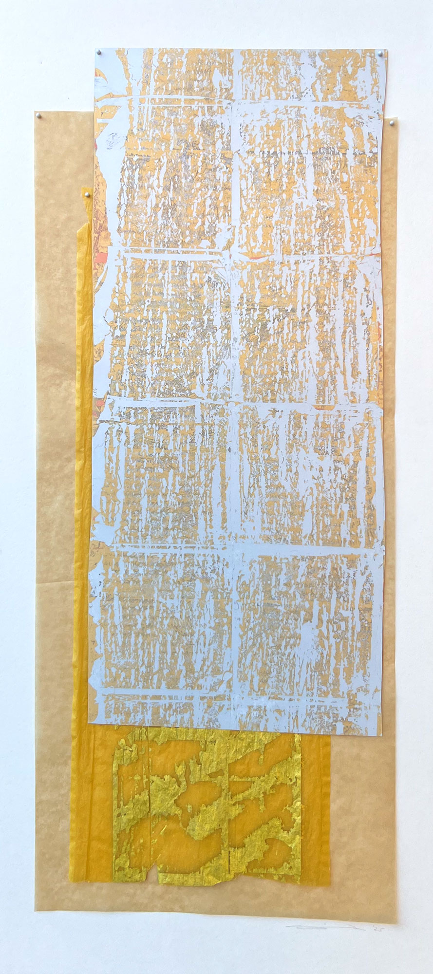 "Untitled No.7599" 2026, Mixed Media including Gilding and Acrylic on Drafting Film, 36 x 16 inches